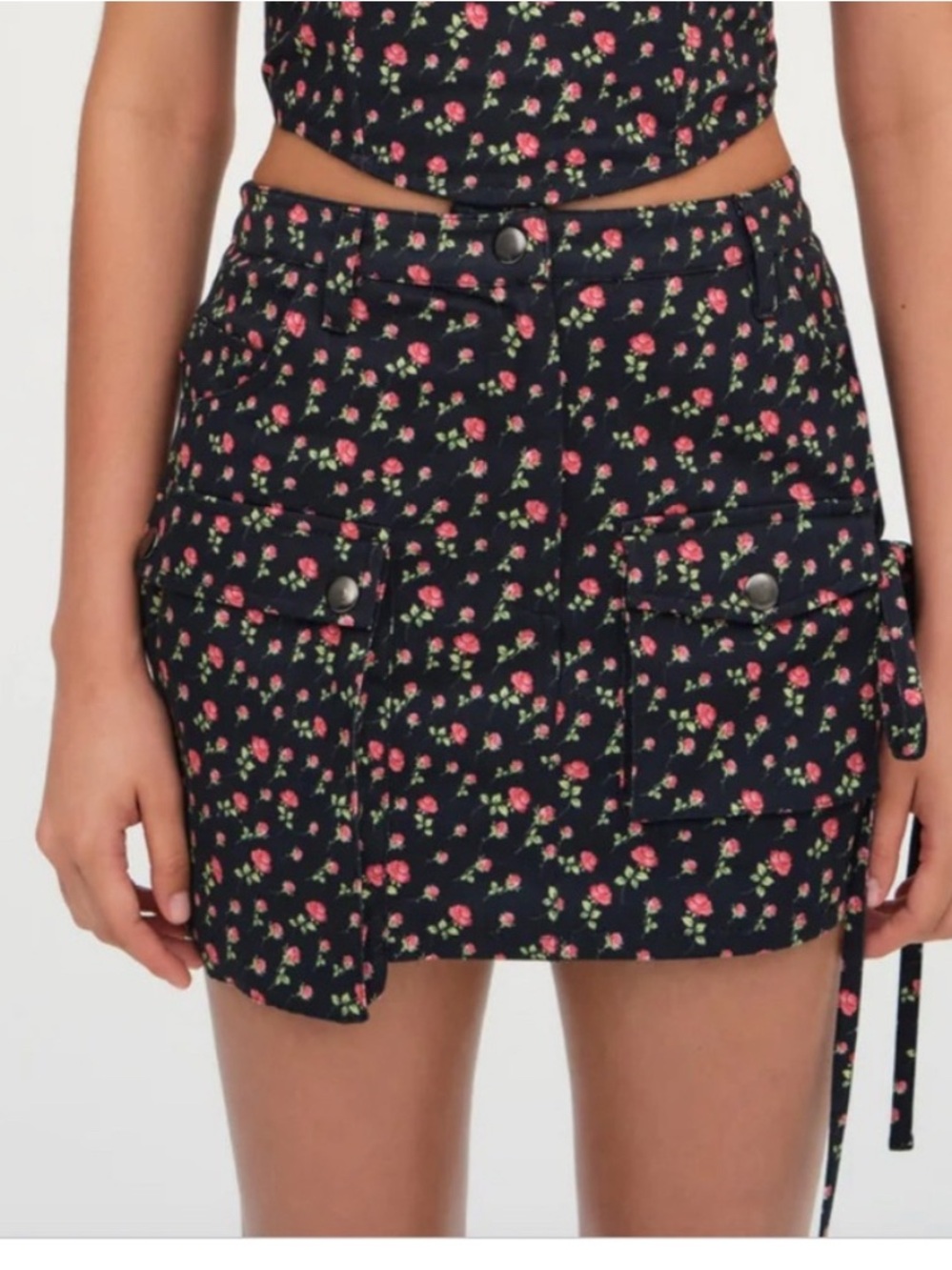 For Love & Lemons Black Skirt with Coral Rose Print